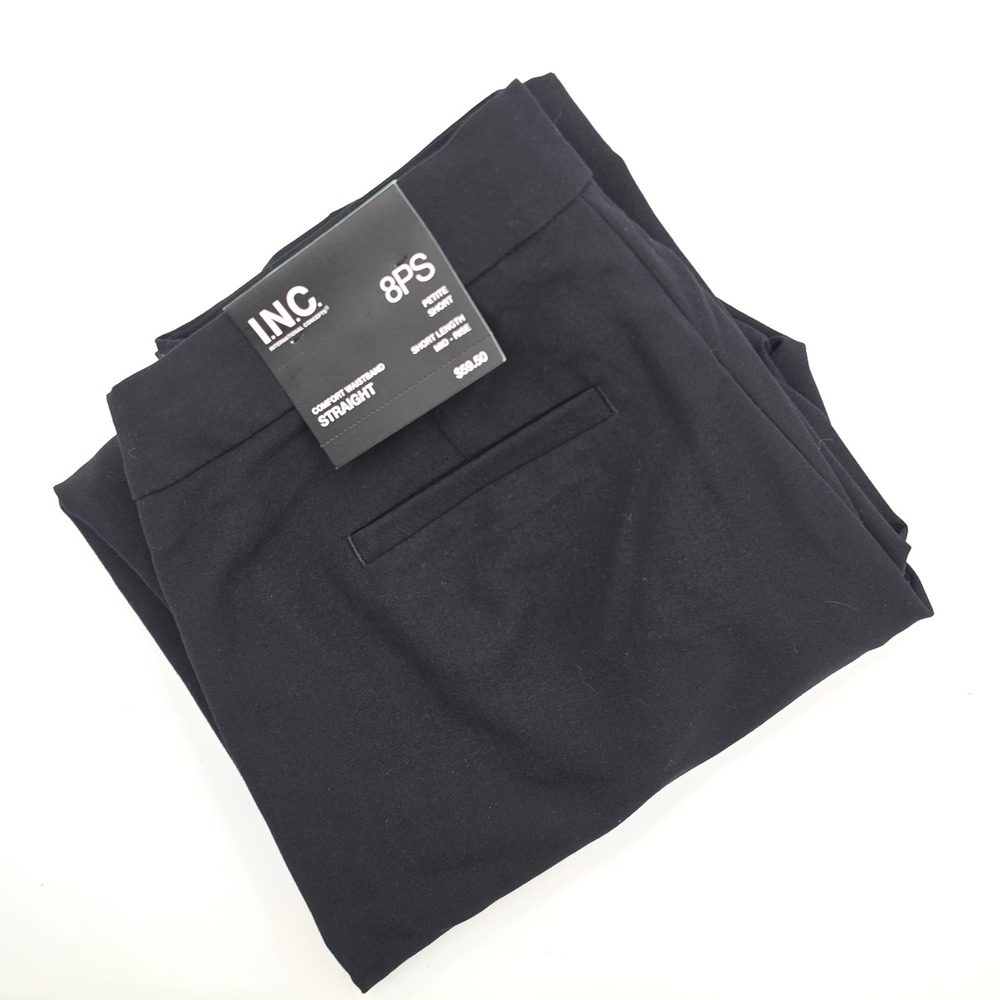INC  Pants Womens 8PS Black New Petite Short Comfort Waistband Mid Straight Leg
